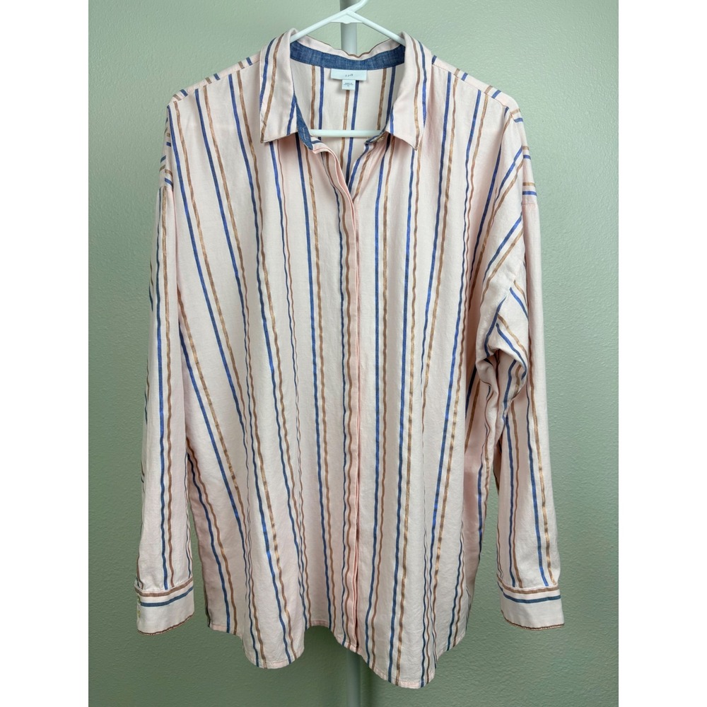 J. Jill Womens Pink Blue Striped Button Down‎ Shirt Oversized Long Sleeve  Large